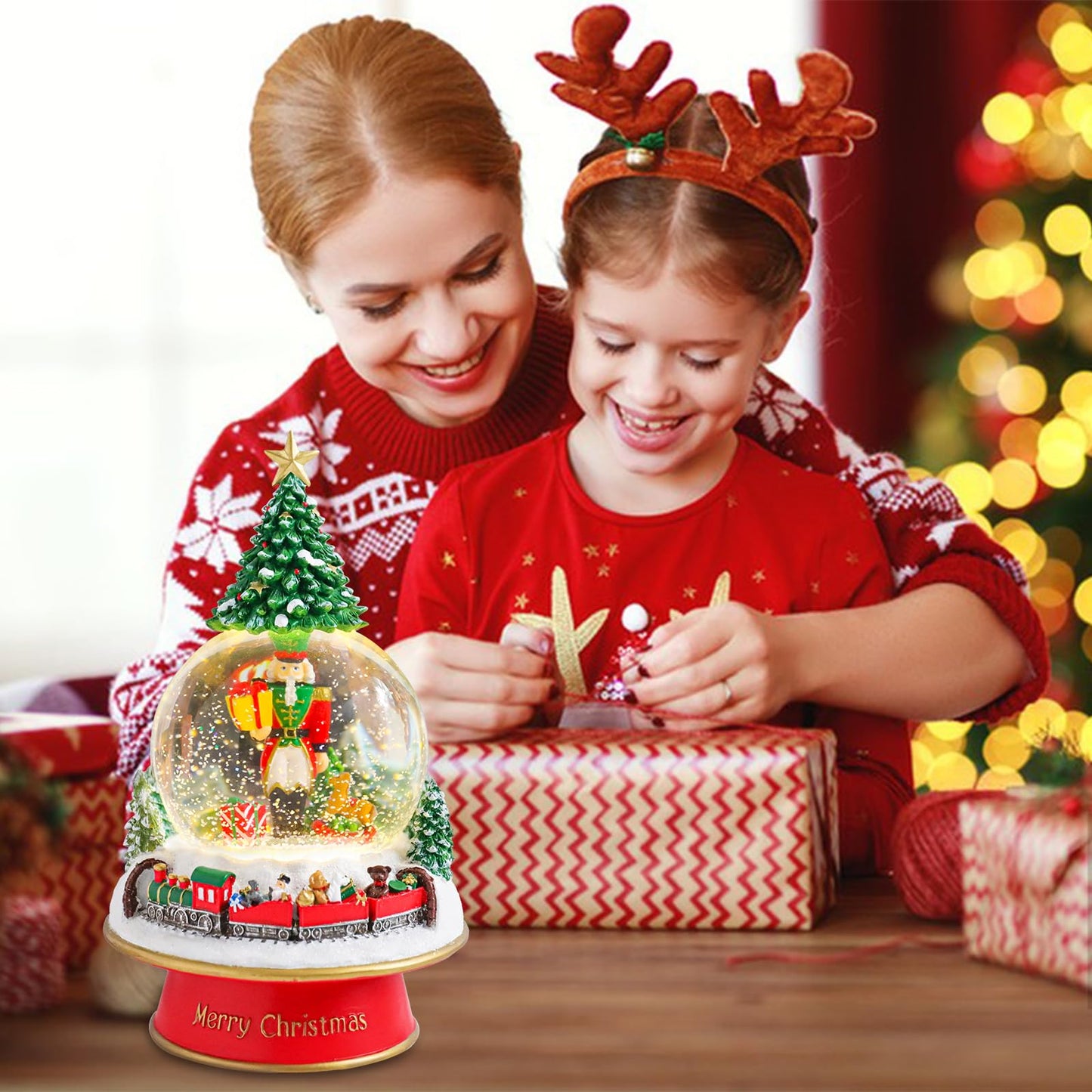 Christmas Snow Globes for Kids, Musical Snow Globe Nutcracker with Gifts Box and Train Music Glass Snowglobes Christmas Birthday Gift for Girls Kids Daughters