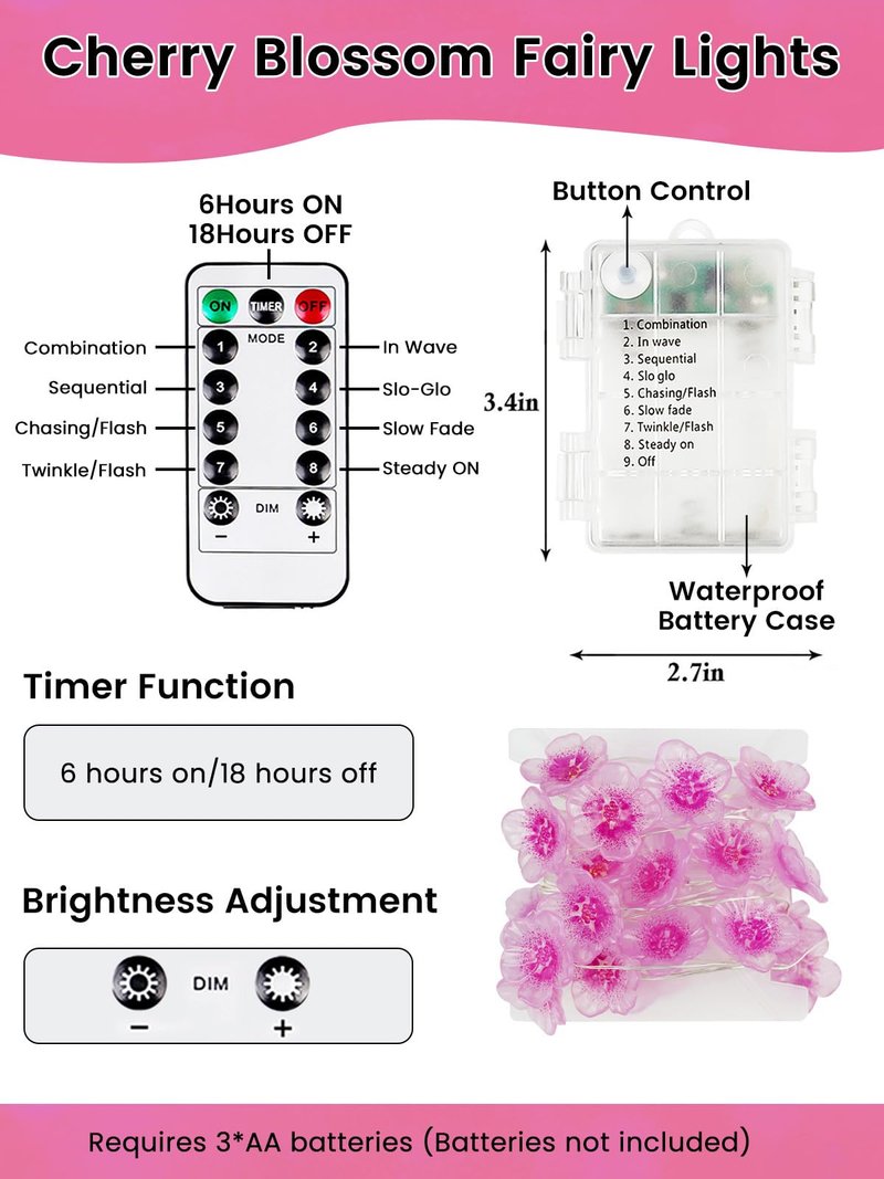 Cherry Blossom Flower String Lights for Bedroom, Pink Fairy Lights Battery Operated with Remote & 8 Modes & Timer, 10ft 30 LED Waterproof String Light Indoor Outdoor for Wedding Home Christmas Decor