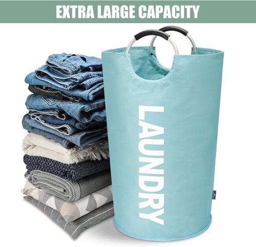 DOKEHOM Large 82L Laundry Basket - Collapsible & Freestanding Clothes Hamper in Light Blue