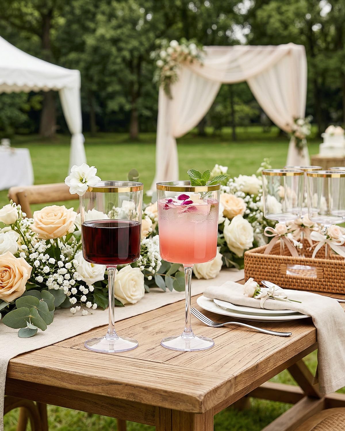 Ciaell 12 Pack 10 Oz Clear Plastic Wine Glasses with Red Stem - Disposable Cocktail Goblets Perfect for Parties & Weddings & Poolside & Outdoors & Camping & Party