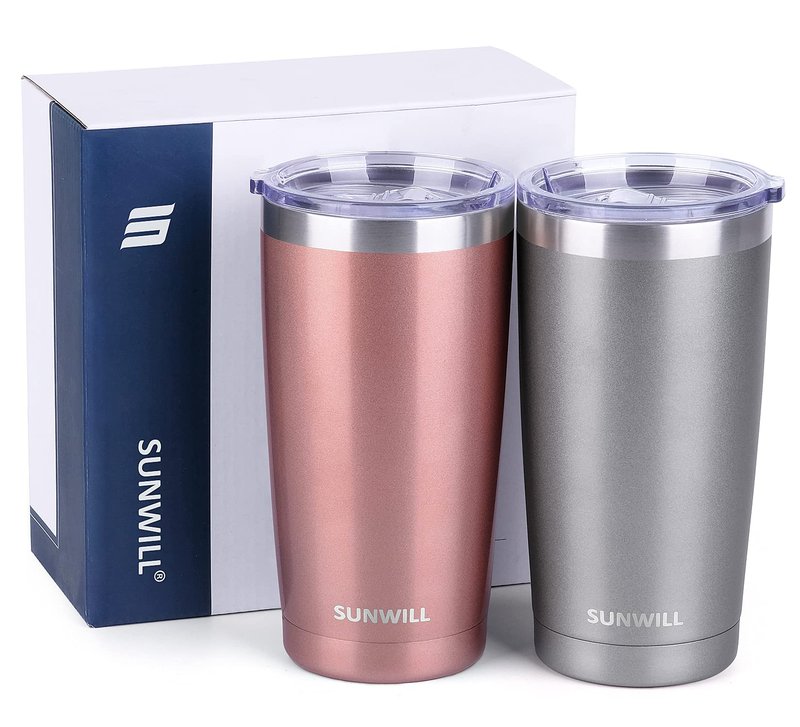SUNWILL Travel Coffee Mug Set of 2, 20 oz Tumbler with Lid, Insulated Stainless Steel Cup for Water, Tea, Ice, Rose Gold & Cool Grey