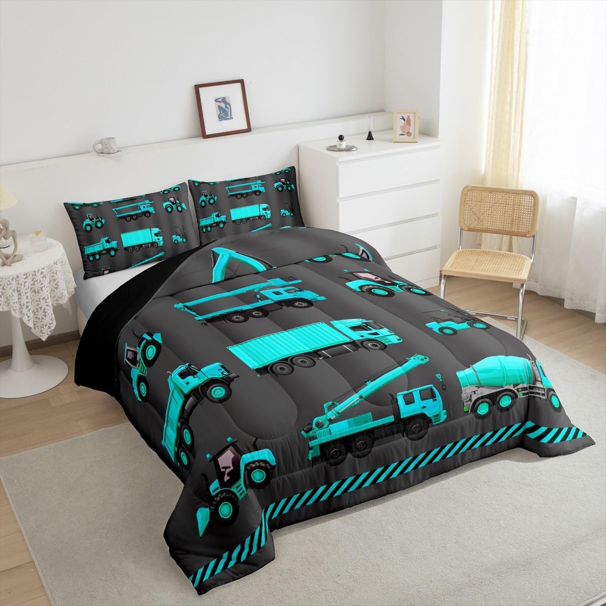 Cartoon Police Car Bedding Set Red Fire Truck Comforter Set for Kids Boys Fire Extinguisher Duvet Set Airplane Comforter 1 Comforter Set with 2 Pillowcases Full Size Boys