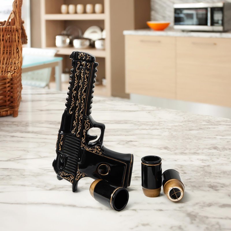 Gifts for Men Dad Hand Painted Gun Whiskey Decanter Set & Shot Glass - Black & Gold & 3 Bullet Shots - Unique Birthday Christmas Gift for Brother, Cool Anniversary Present Him Husband, Pistol Liquor
