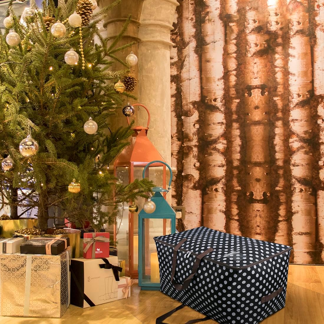 3-Side Zip Open Storage Bag for Christmas Trees & Party Ornaments - 27.5x16.5x13.8, Black Dots