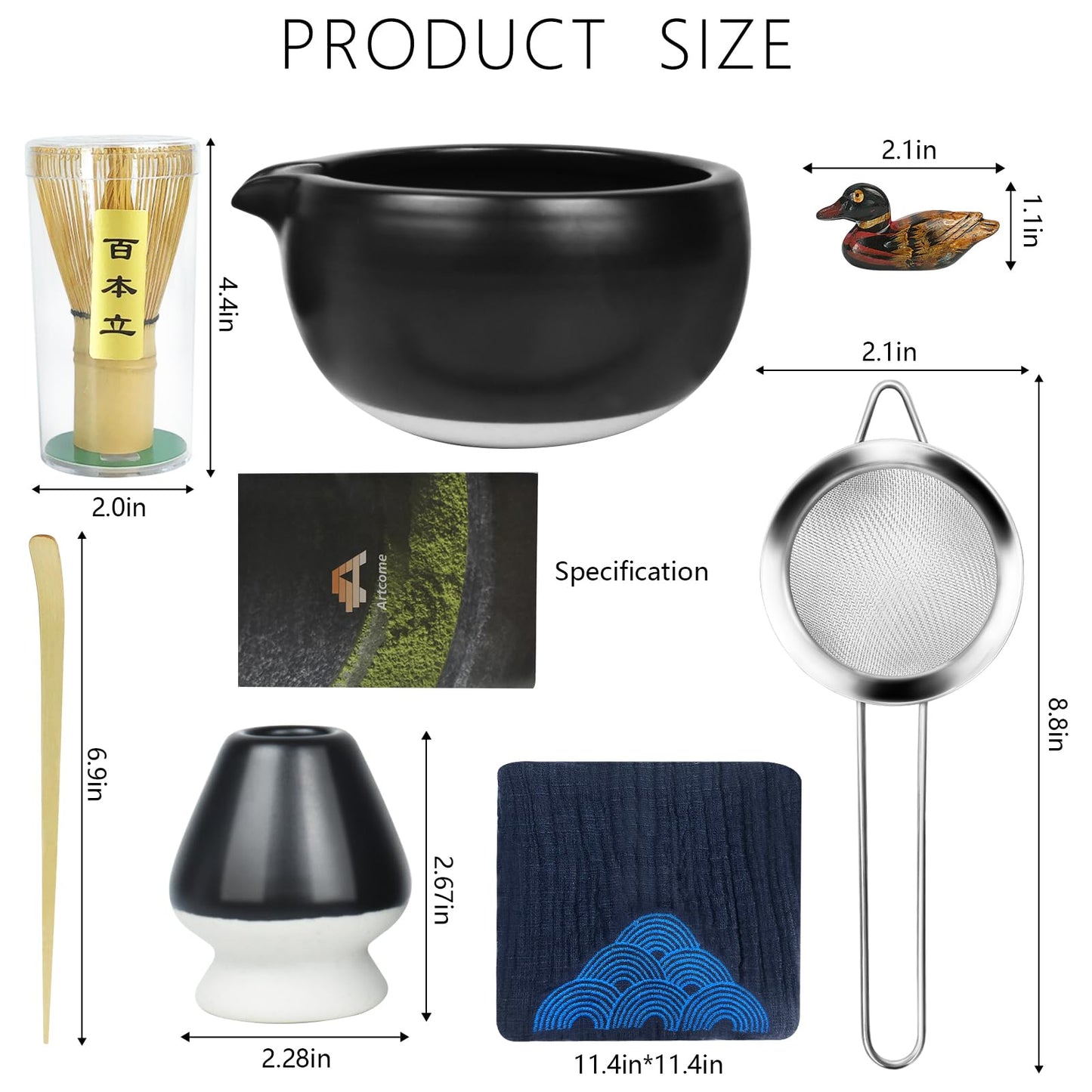Artcome 7 Pcs Complete Matcha Tea Ceremony Kit for Tea Ceremony, Bowl with Pouring Spout, Whisk, Tea Scoop, Matcha Powder Strainer, Matcha Tea Set For Making Usucha, Koicha and Matcha Latte (Black)