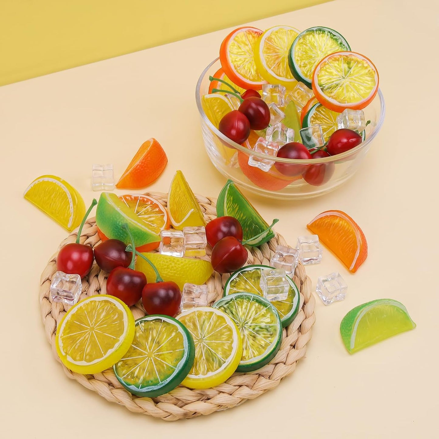 100pcs Artificial Yellow Lemon Slice & Cherry Ice Cube Decorations for Home Party