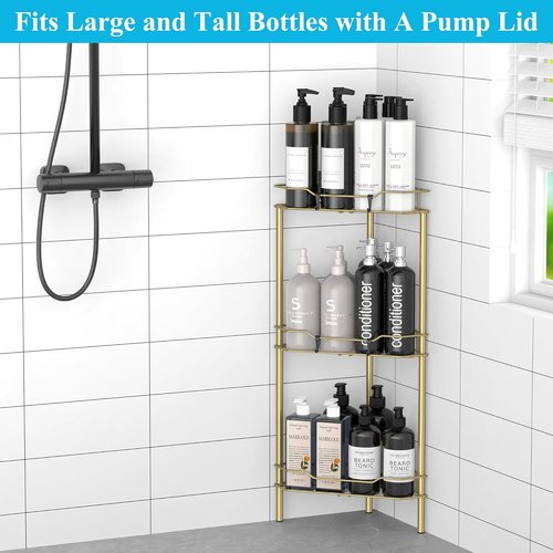 HuggieGems 3-Tier Corner Shower Caddy Organizer - Stylish Gold Bathroom Shelf with Hooks