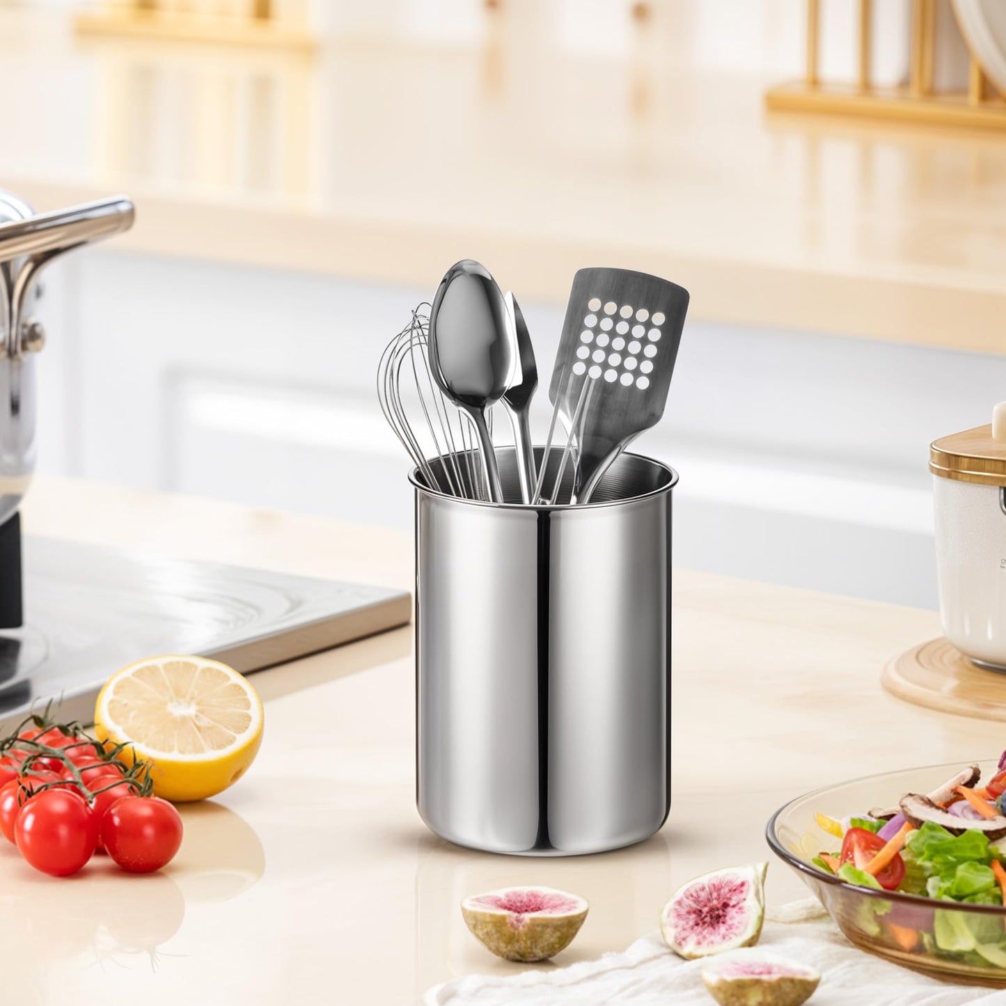HOFURME 3 Pcs Cooking Utensil Holder for Kitchen Counter, 5.6 x 7.5 inch Metal Utensil Crock Stainless Steel Utensils Holder Container Canister Spatula Spoon Caddy Organizer (Silver)