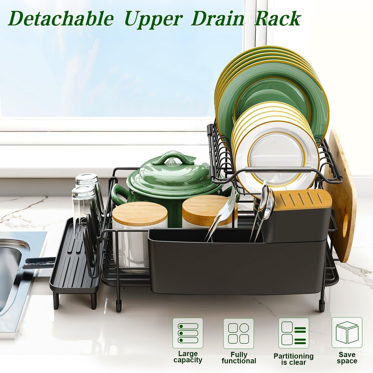 Runnatal Stainless Steel Dish Drying Rack - 2-Tier Large Capacity with Detachable Drainboard | Anti-Rust Design