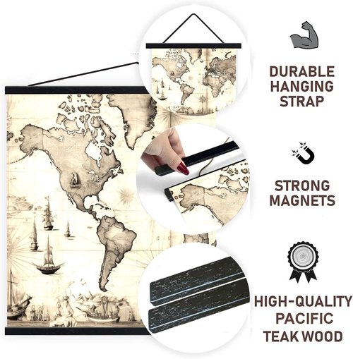 DACRI HOME 52" Magnetic Poster Hanger Frame - Sturdy Teak Wood Poster Frame 52x20 52x32 52x36, Strong Magnets for Easy Hanging Map Picture Canvas Print Scroll Wall Art (52 Inch, Black)