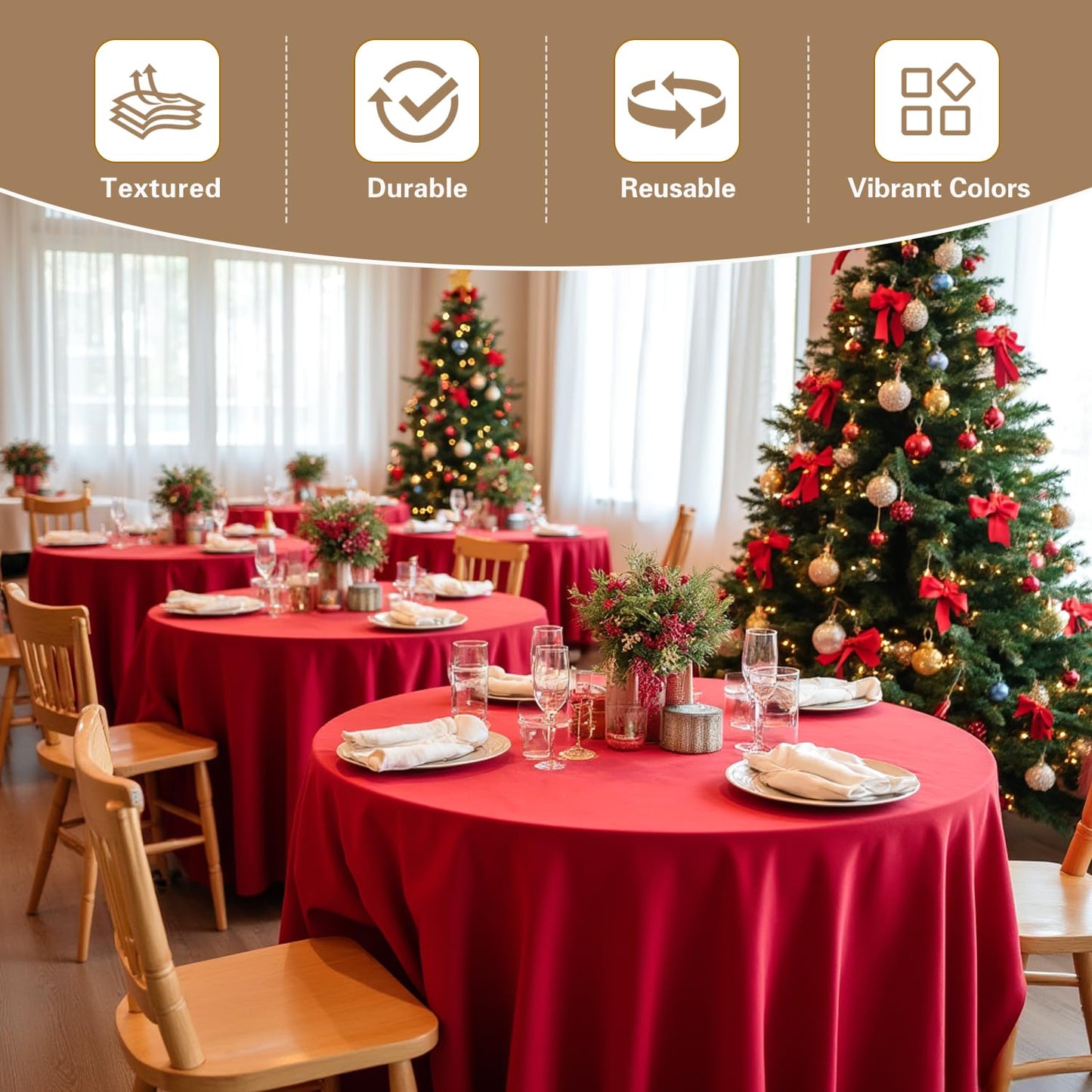 sancua Christmas Red Round Tablecloth 108 Inch Diameter, 8 Pack - Circle Polyester Fabric Table Cloth for Wedding Party Reception Banquet Birthday, Washable Formal Table Cover (Fit 42-96 Inch Tables)