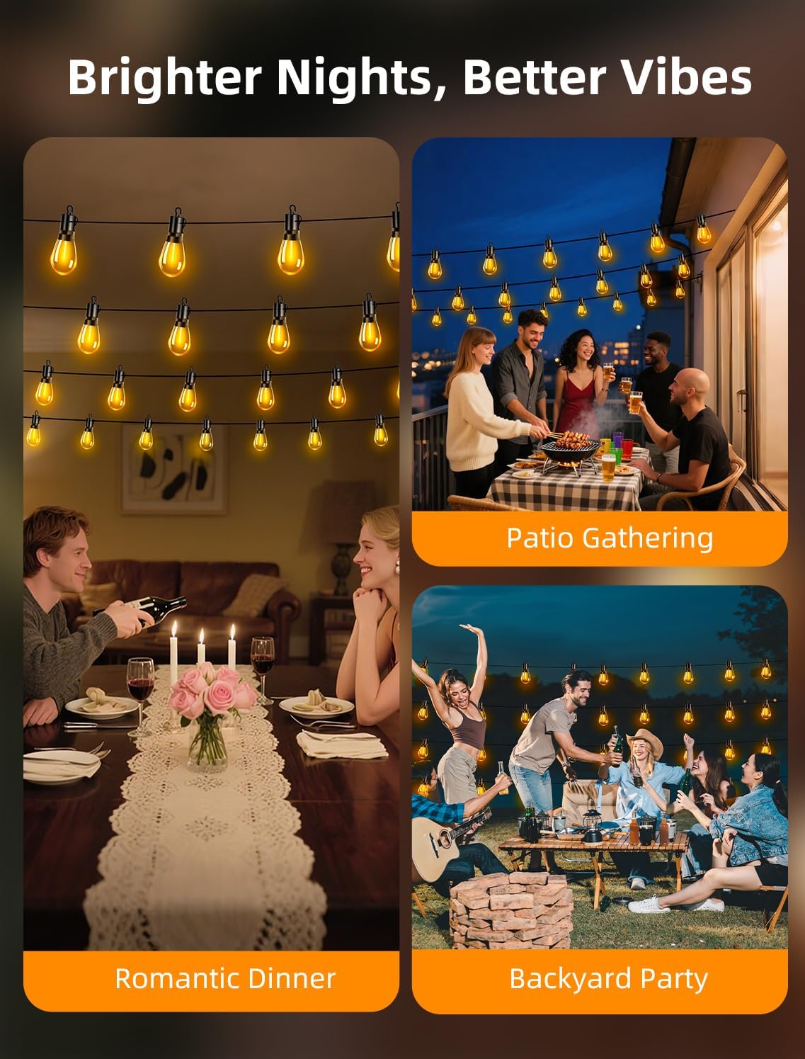Skiennix Outdoor Patio String Lights - 50Ft Waterproof Shatterproof Bulbs | Remote Dimmable Hanging Lighting