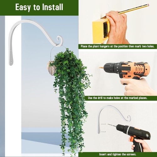 FEED GARDEN Heavy Duty Plant Hooks - 8 Inch Wall-Mounted Brackets | 44lb Capacity Steel Hangers in White