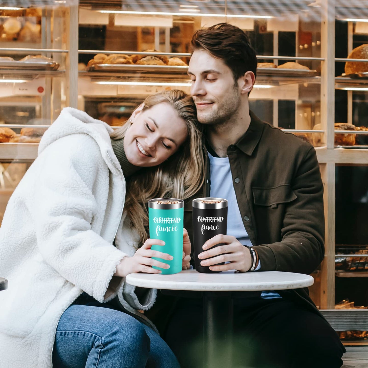 Boyfriend and Girlfriend Travel Tumbler Set, Engagement Gifts for Couples, Fiance Gifts Newly Engaged Her Him Women Friends, 20oz Couple Gifts Stainless Steel Insulated Travel Tumbler, Black&Mint