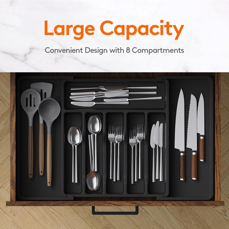 Lifewit Silverware Drawer Organizer, Expandable Utensil Tray for Kitchen, BPA Free Flatware and Cutlery Holder, Adjustable Plastic Storage for Spoons Forks Knives, 13-22 x 15", Black