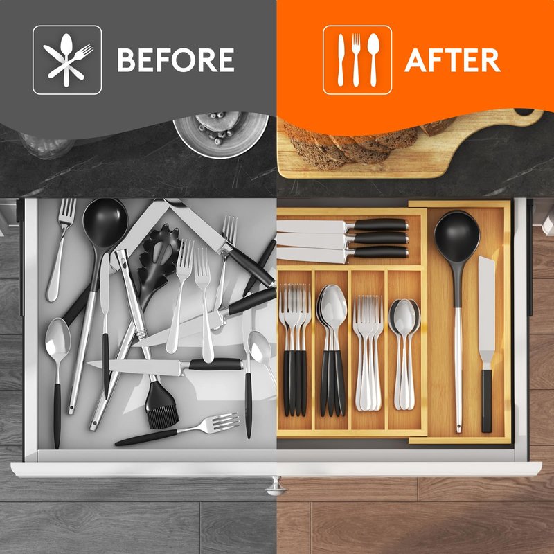 Lifewit Silverware Drawer Organizer, Expandable Utensil Tray for Kitchen, Flatware and Cutlery Holder, Wood Adjustable Storage for Spoons Forks Knives, 13-22x15/ 33-56x38cm, Natural