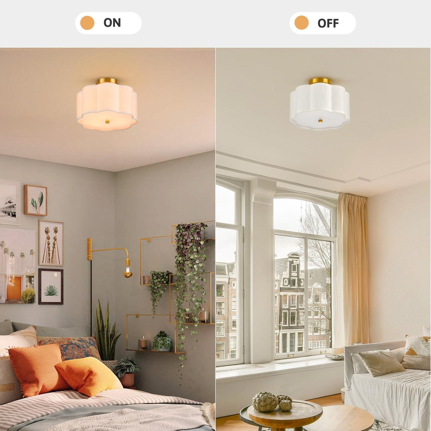 VONLUCE Semi Flush Mount Ceiling Light, 13'' Ceiling Light Fixture with Flower-Shaped Fabric Shade, 3-Light Modern Light Fixture for Bedroom Living Room Nursery Hallway, White Shade & Gold Finish