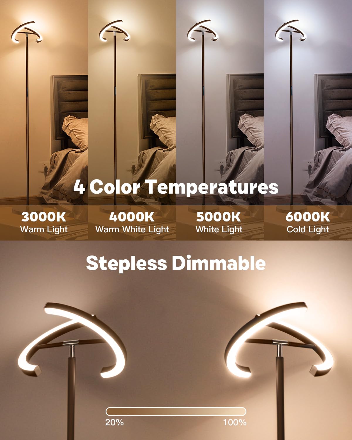 SIBRILLE Brown Floor Lamp, Modern Stepless Dimmable Standing Lamp with Remote Control, 22W 3000-6000K LED Rotatable Floor Light Uplighter Stand up Lamp Tall Lamp for Living Room Bedroom Office