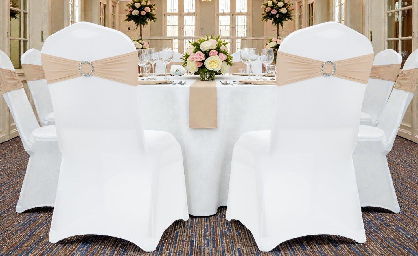 MDS Spandex Chair Sashes - Premium Stretch Covers with Buckle Slider | 50-Pack in Champagne Gold