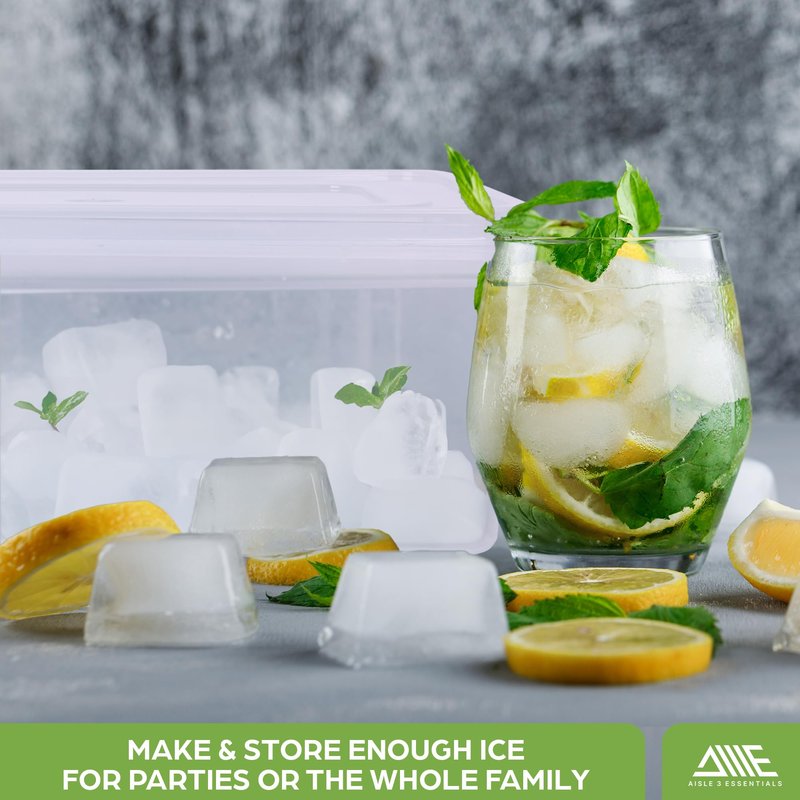 AISLE 3 ESSENTIALS Ice Cube Tray Set – 4 Silicone Trays with Lids, Ice Bucket, Scooper & Tongs – Reusable BPA-Free Ice Maker for Freezer, Cocktails, Whiskey, Coffee, Baby Food & Kitchen Storage