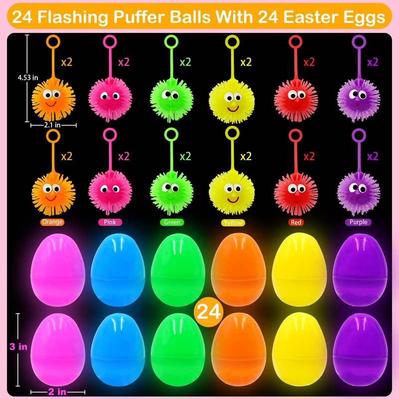 ZICZLI 24 Pack Easter Eggs Filled with LED Puffer Balls, Light Up Stress Relief Toys for Kids Boys Girls Teens Easter Hunt Filling Treats Basket Stuffers Easter Party Favors