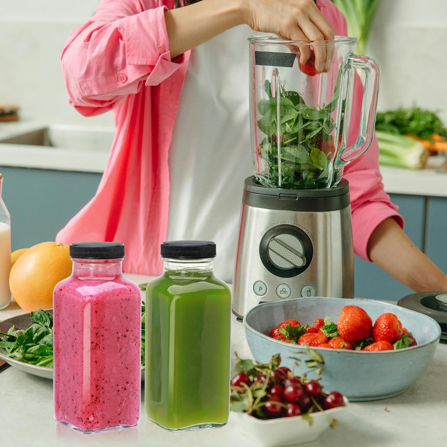 Maredash 12oz Glass Bottles with lids,juice bottles gifts for women,glass bottles with lids,glass water bottles. Kit includes Stainless Steels Straws,Two Types of Lid,Cleaning Brush 6pcs