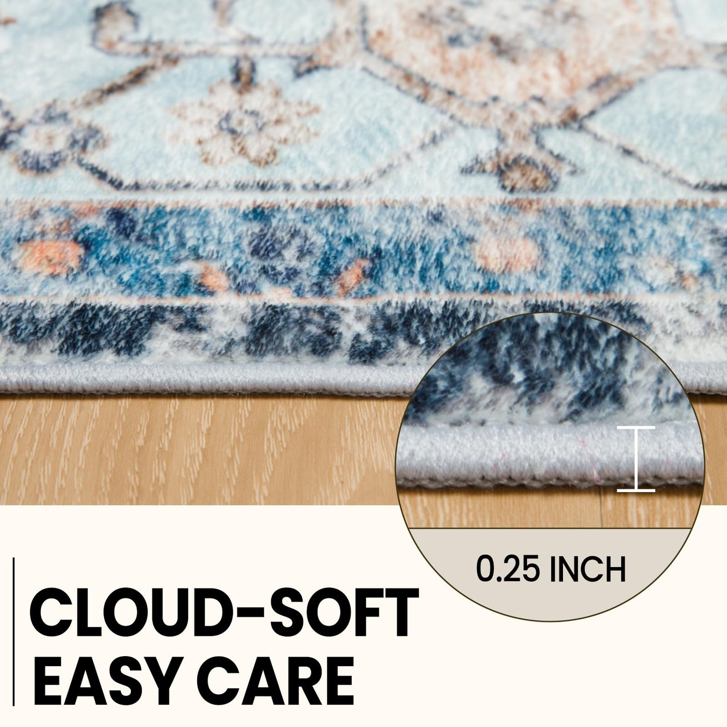 Washable 6x9 Area Rugs, Rugs for Living Room, Low-Pile Water&Stain Resistant Carpet Vintage Distressed Printed Non-Slip Carpet for Bedroom Bathroom Kitchen-Sky Blue