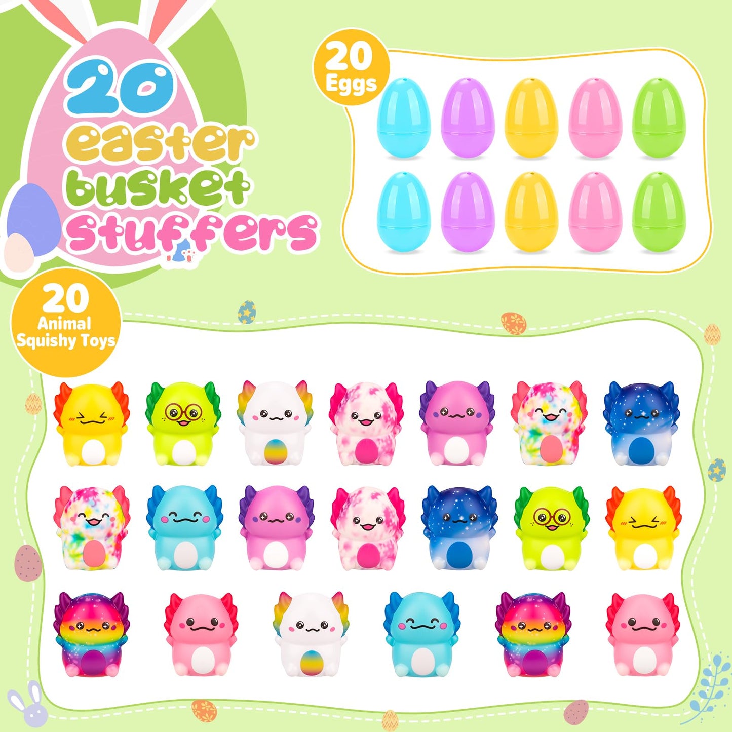 PAKSPAK 20 Pack Easter Eggs Fillers with Axolotl Squishy Toys Inside Easter Basket Stuffers Easter Egg Hunt Easter Party Favors for Kids