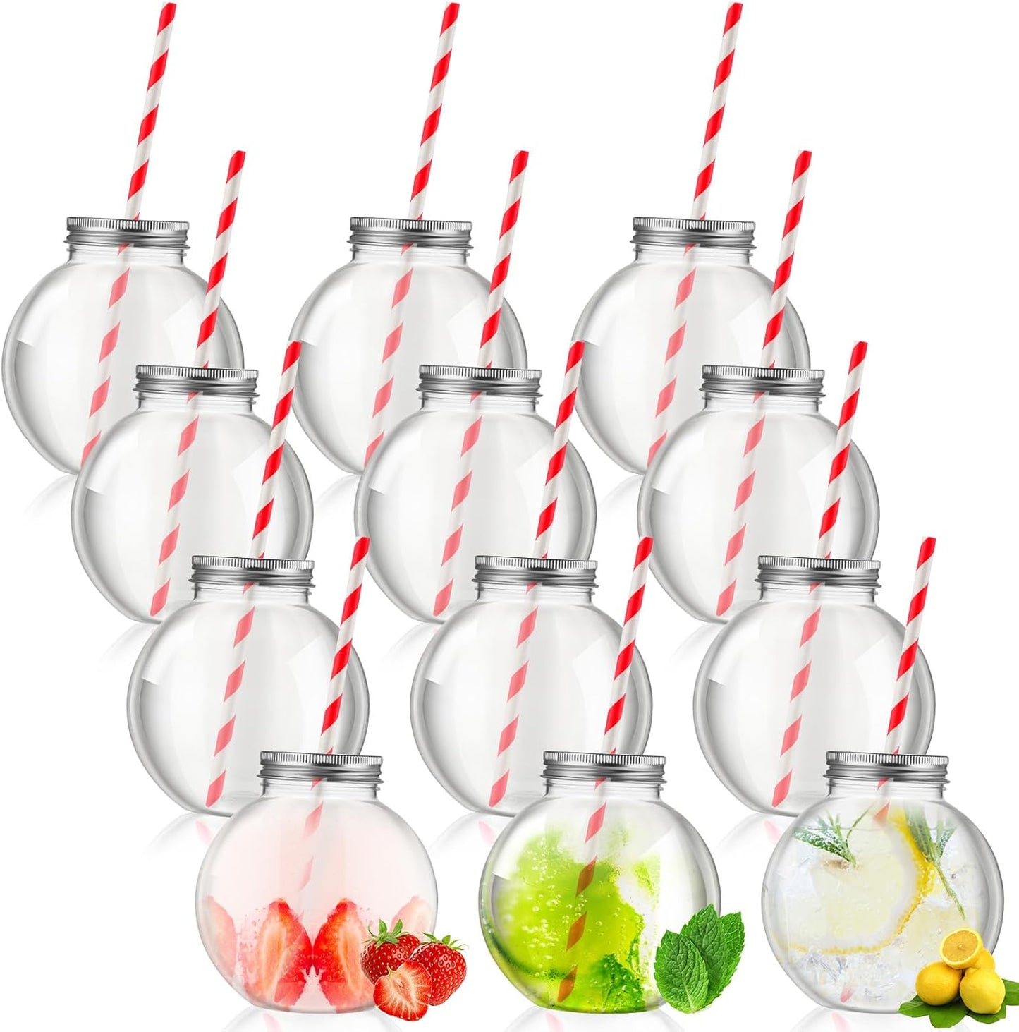 Yaomiao 24 Pcs 10 oz Mini Plastic Fish Bowl Ornament Cups for Drinks Clear Spherical Potion Bottles with Lids and Straws Bulb Cups for Christmas Carnival Candy Party Decorations (Red)