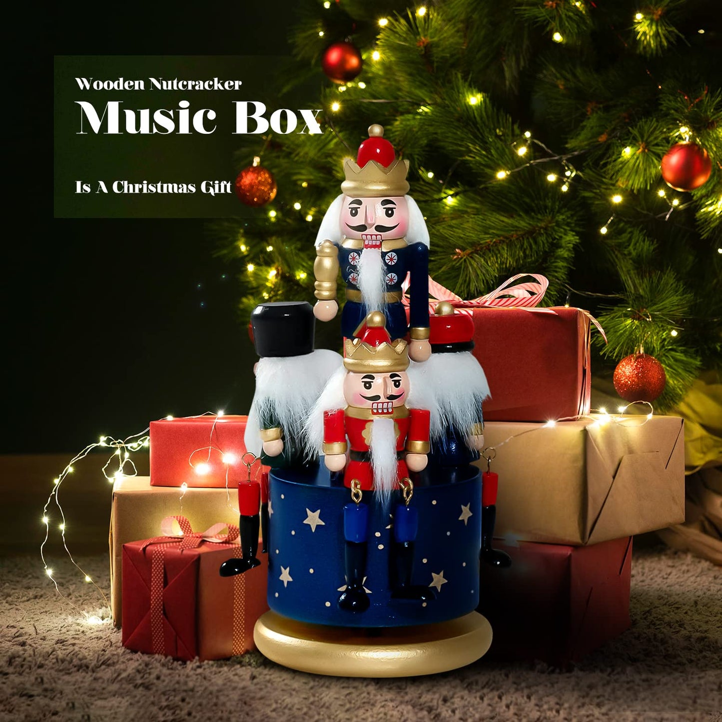 Wagevedex Nutcracker Christmas Decorations of Music Box - Wooden Nutcracker Figures Christmas Ornaments Gifts for Indoor Outdoor Holiday Home Table Party Xmas Decor (Blue)