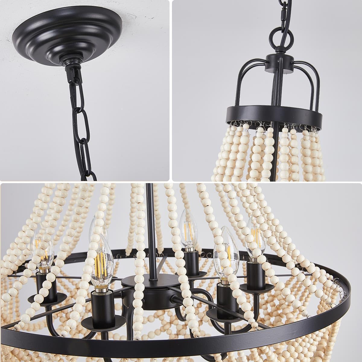 Farmhouse Boho Flush Mount Ceiling Light,3-Light Wood Bead Chandeliers,Black Metal Bohemia Hanging Pendant Lighting,Small Chandelier for Bedroom,Living Room,Entryway,Hallway