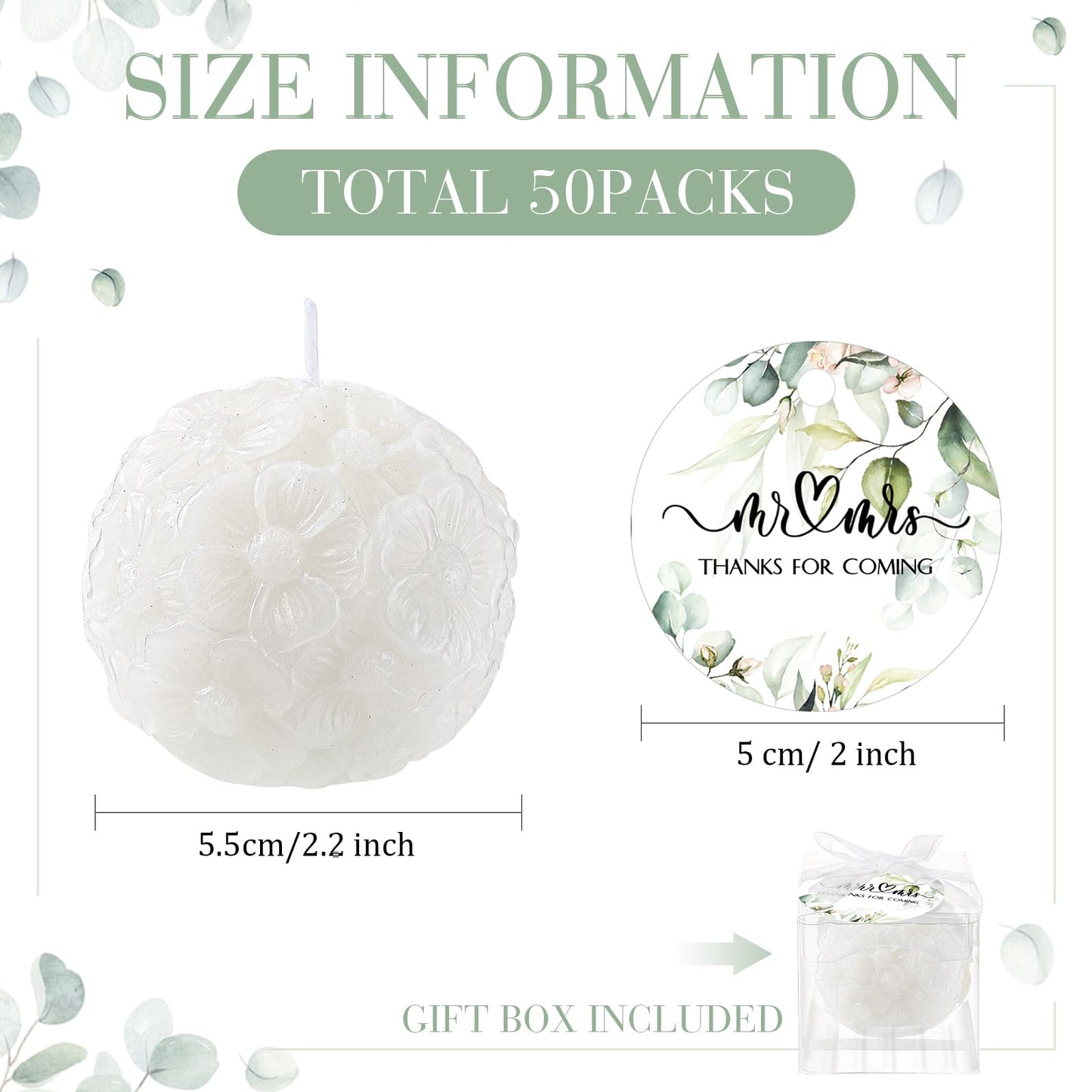 Roowest 50 Pack Wedding Candles Favors Set Include Rose Ball and Greenery Thank You Cards Party for Guests Bridal Shower Return Gifts Keepsakes