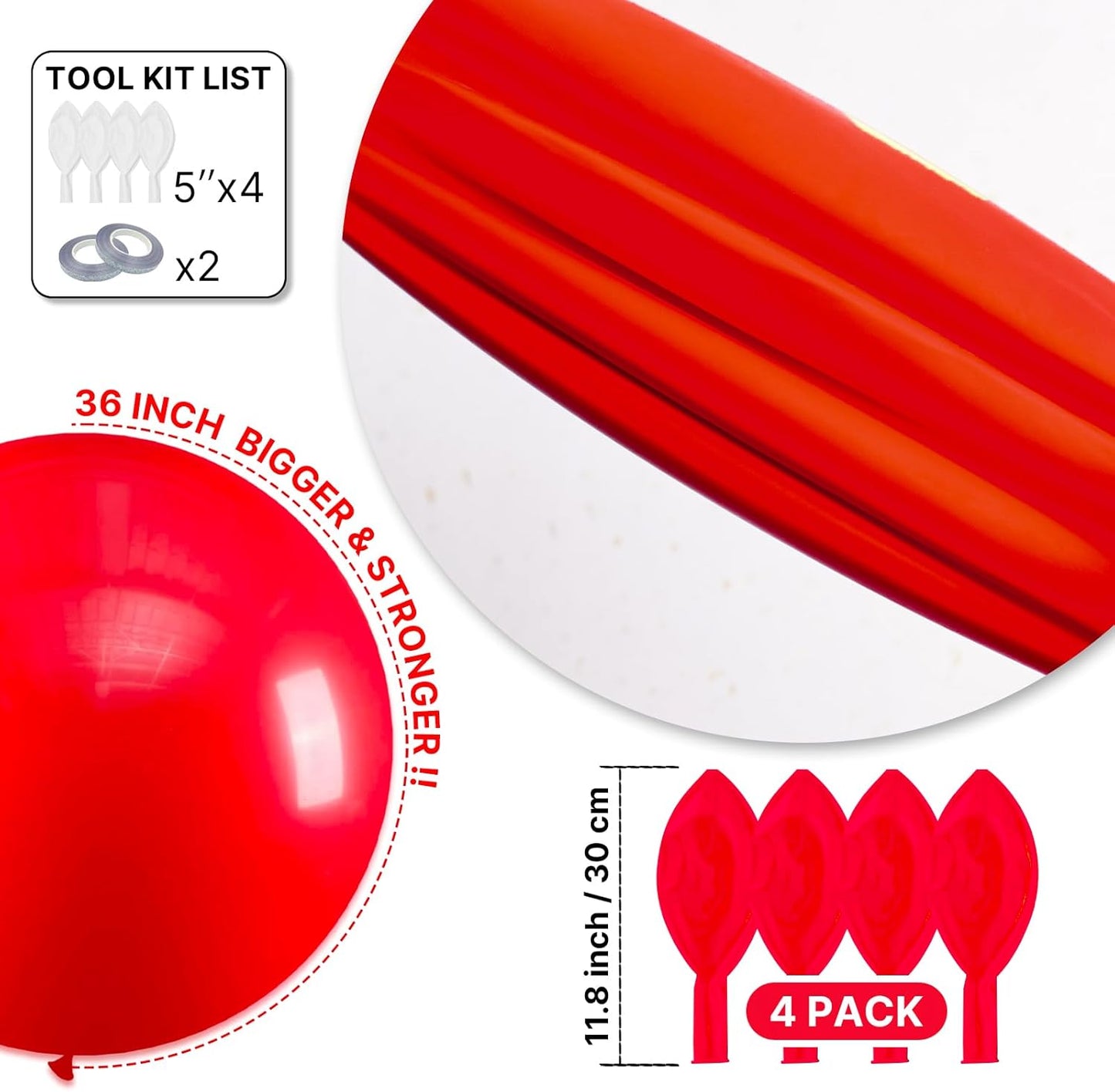 PartyWoo Red Helium Balloons - 36 Inch, 4 Pack for Birthday, Graduation & Special Events