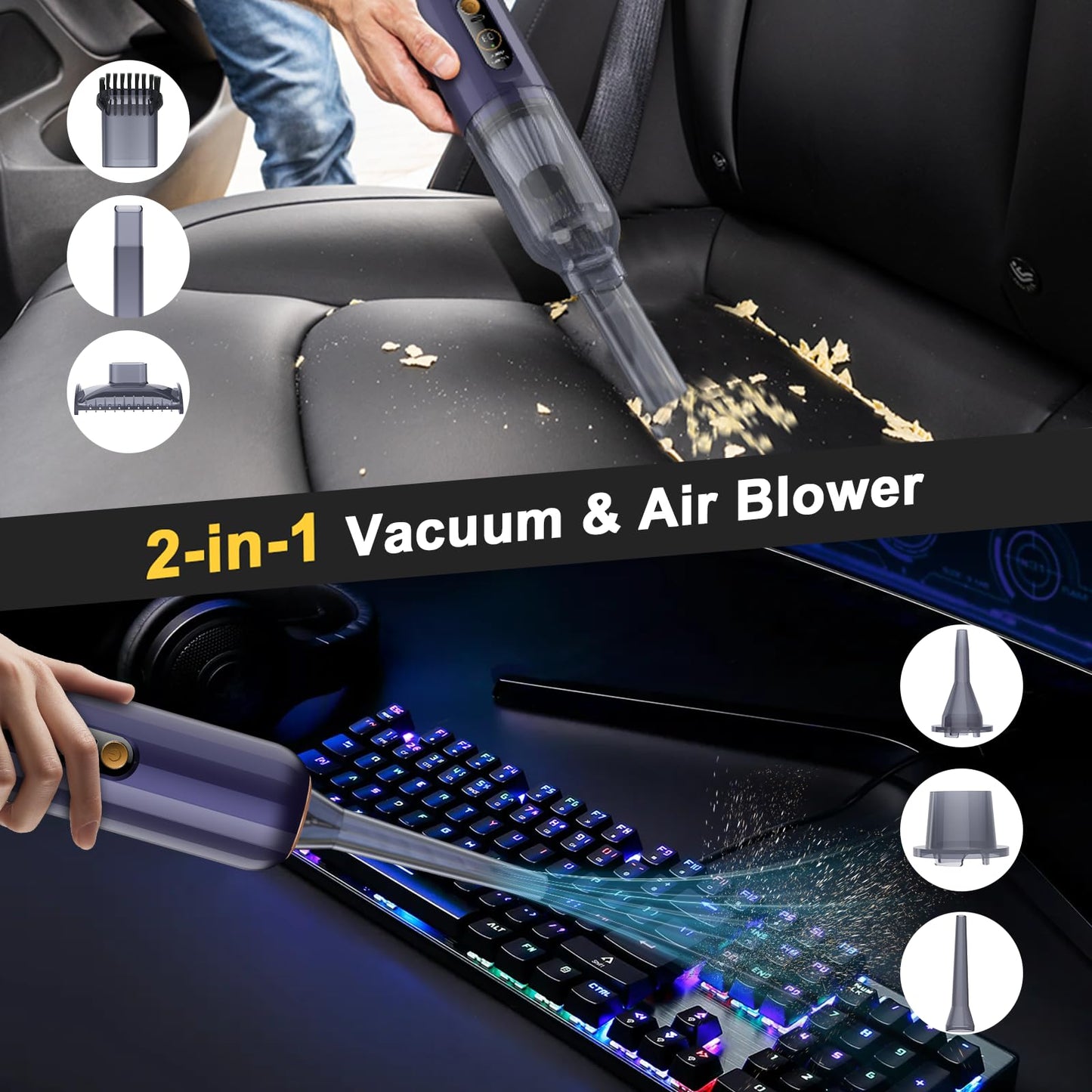 Cordless Handheld Vacuum Cleaner, 12000Pa Portable Car Vacuum with 3 Gear Speed Display, 4 in 1 Small Vacuum/Air Duster/Mini Blower/Hand Pump, Cordless Vacuum Cleaner for Car Keyboard Desk Home