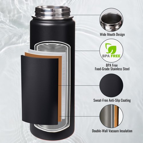 Fijinhom 24 oz Insulated Water Bottle with Handle, 304 Stainless Steel Water Bottles with Wide Mouth, Double Wall Vacuum Sports Water Bottle, BPA Free, Keep Cold and Hot, Black