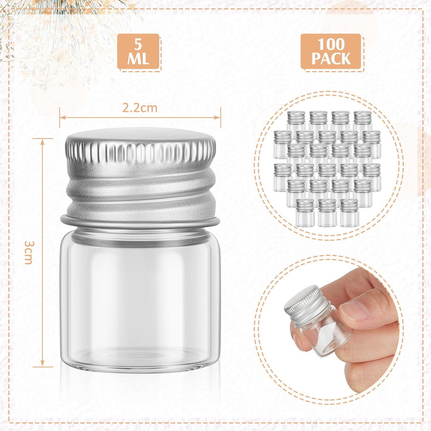 Tessco for you 100 Pcs 5 ml Mini Glass Bottles with Aluminum Cap Tiny Jars Mini Glass Jars Small Clear Vials with Screw Caps Tiny Containers for DIY Craft Storage (Silver)