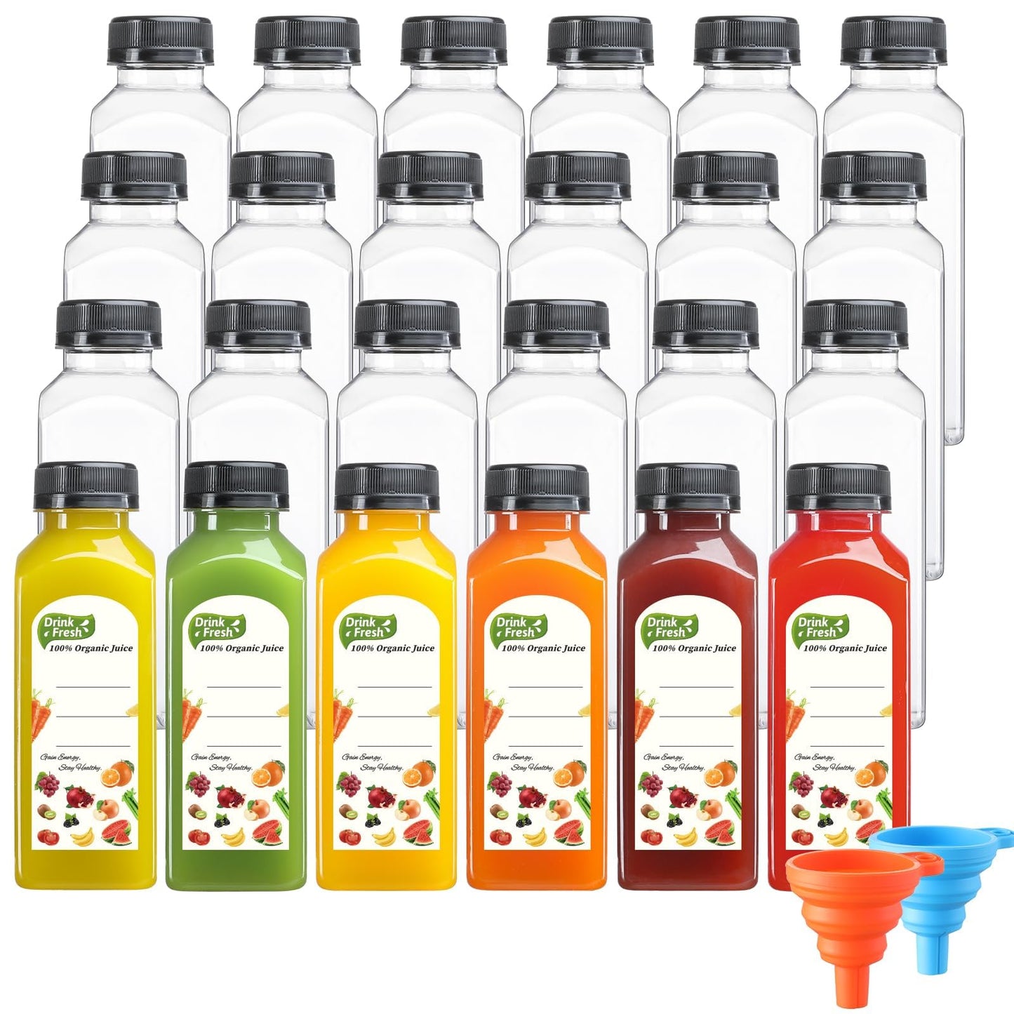 24 PACK, 12 OZ Reusable Plastic Juice Bottles with Caps, Plus 24 Labels & 2 Silicone Funnels - Clear Juicing Bottles for Juice, Smoothies, Ginger, Tea, Coffee - Food Grade & Leakproof Travel Bottles