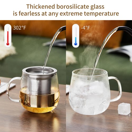 DOPUDO Glass Tea Cup with Infuser and Lid, 17.6oz/520ml Large Borosilicate Glass Teacup with Stailess Steel Filter, Clear Mug for Loose Leaf Blooming Tea, Dishwasher Safe - Tea Maker Gift.