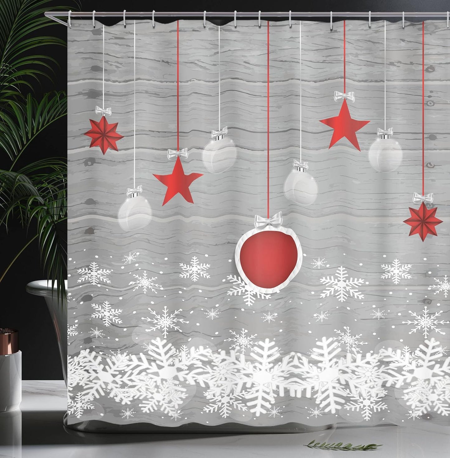 Traditional Christmas Shower Curtain Set with Hooks - Festive Stars & Snowflakes, 69x70" - Grey Red White