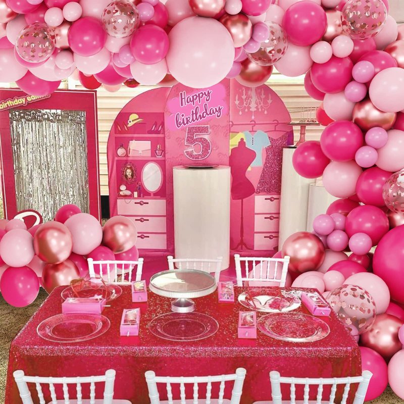 RUBFAC 160pcs Pink Balloon Arch Garland Kit, Hot Pink Rose Gold Metallic Confetti Balloons for Birthday Baby Shower Princess Theme Party Wedding Background Decorations