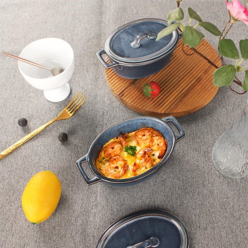 Ceramic Mini Oval Cocotte Set - 10 Oz Casserole Dishes with Lids & Handles | Set of 2, Blue 7.1 Inch