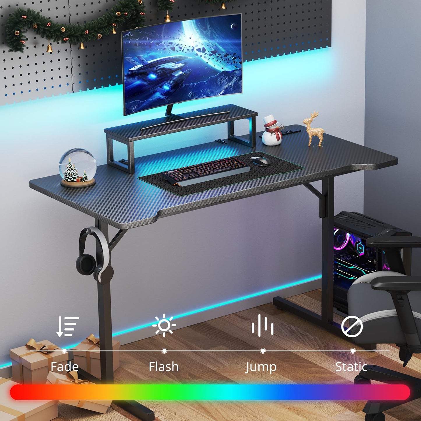 DOMICON Small Gaming Desk with LED Lights & Power Outlets, 55 Inch Computer Desk with Monitor Stand, PC Gaming Table with Carbon Fiber, Black