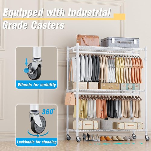 Homdox 3-Tier Garment Rack - Heavy-Duty Portable Closet with Wheels & Double Hanger Rods | White