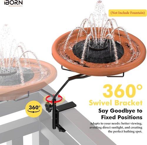 iBorn Bird Bath - Outdoor Deck Mounted 12-Inch BPA-Free Bowl with Adjustable Clamp & 360° Swivel