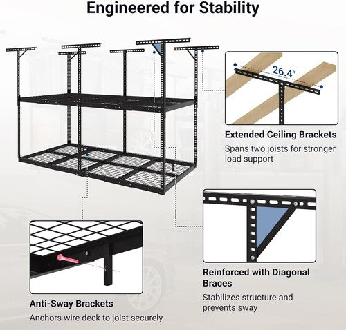 FLEXIMOUNTS 4x8 Overhead Garage Storage Rack - Adjustable Heavy-Duty Metal System | 1000 lbs Capacity, Black