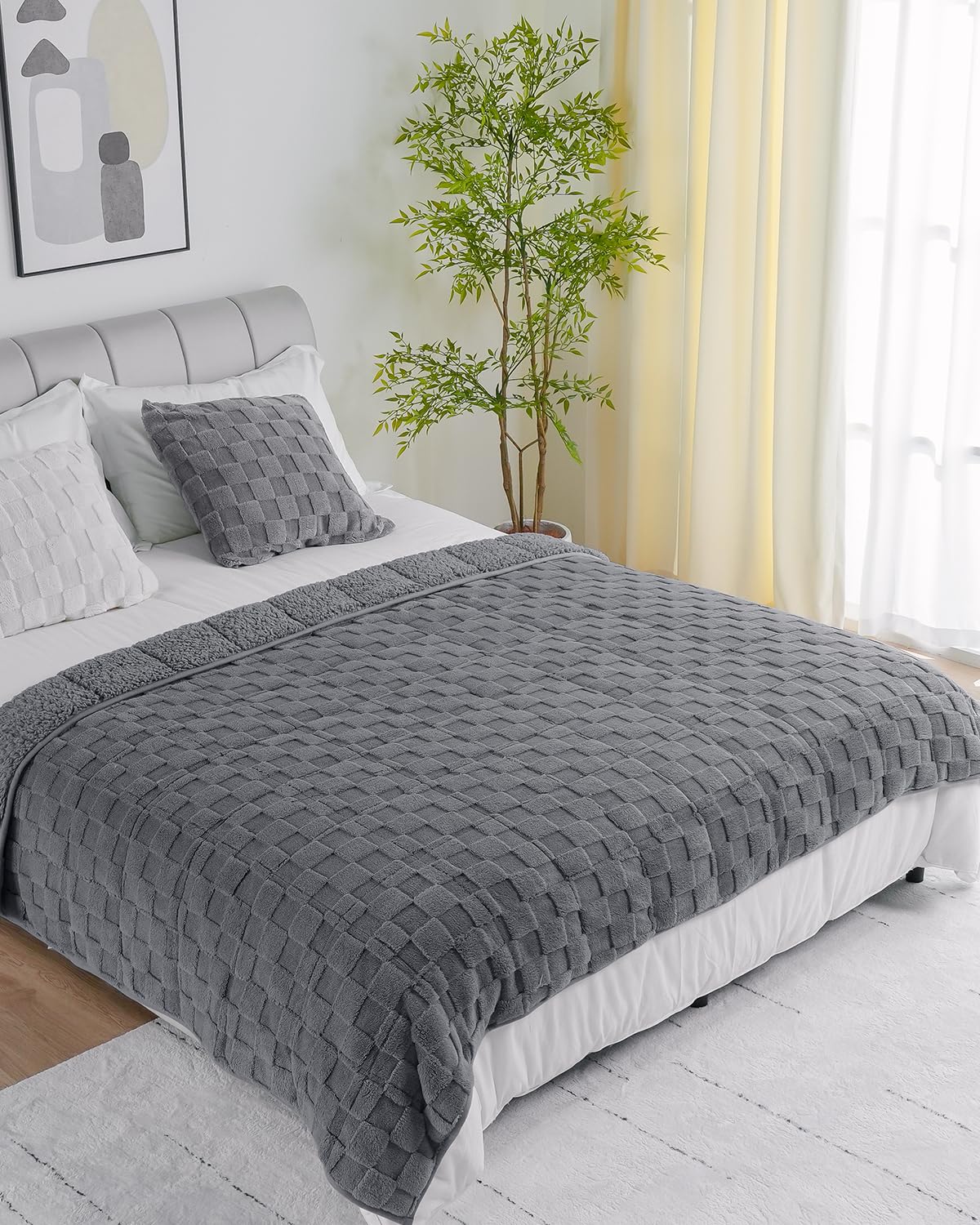 Uttermara Sherpa Fleece Weighted Blanket Full Size(15lbs, 48" x 72", Grey), 3D Jacquard Checkered Warm Sherpa Heavy Blanket for Adults, Soft Fuzzy Weighted Blankets for Couch Bed Sofa