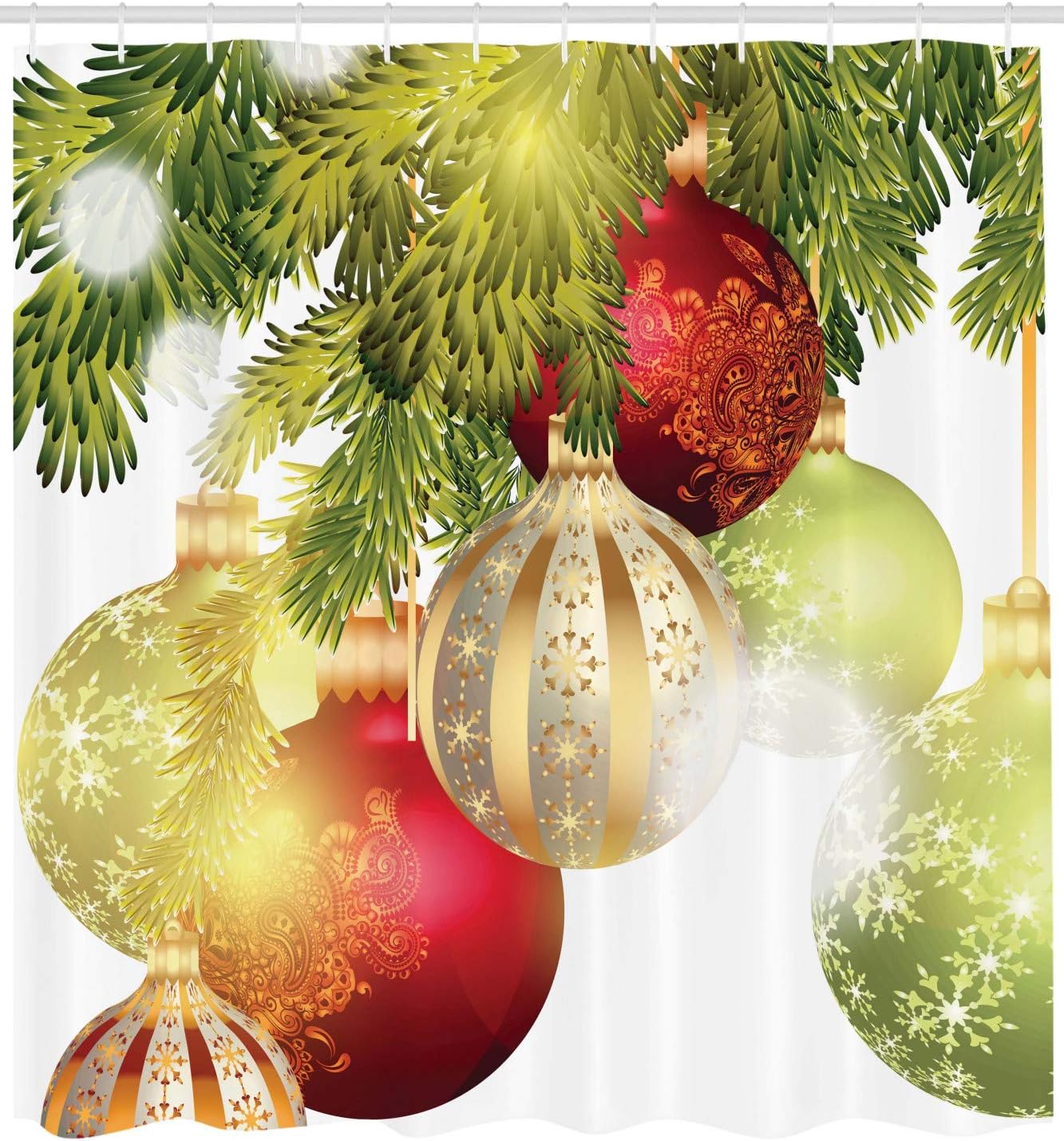 Christmas Shower Curtain with Baubles Motif - Festive Winter Bathroom Decor, 69" x 70" with Hooks