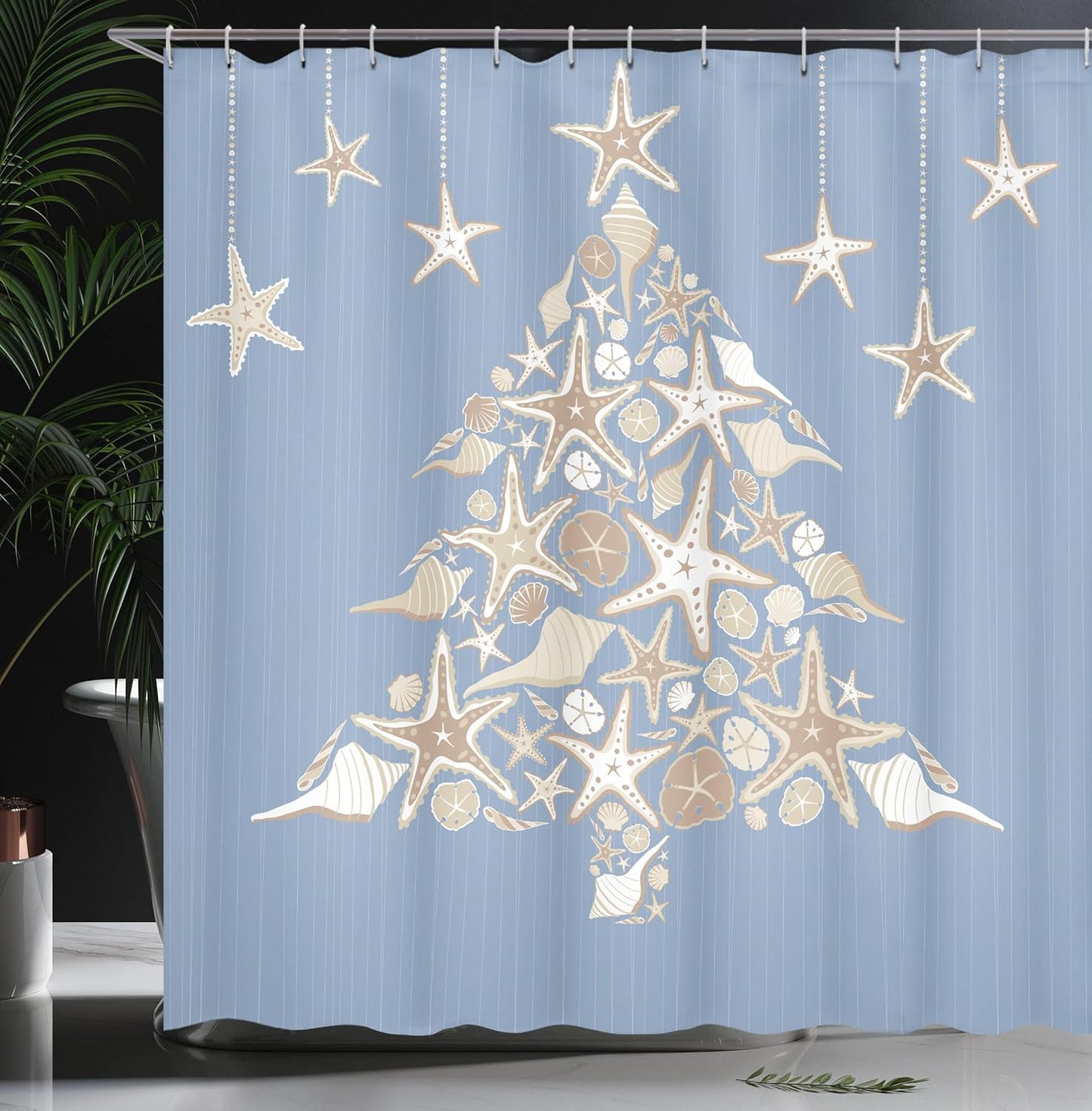 Christmas Nautical Shower Curtain - Sea Life & Noel Tree Design, 69x70", Beige