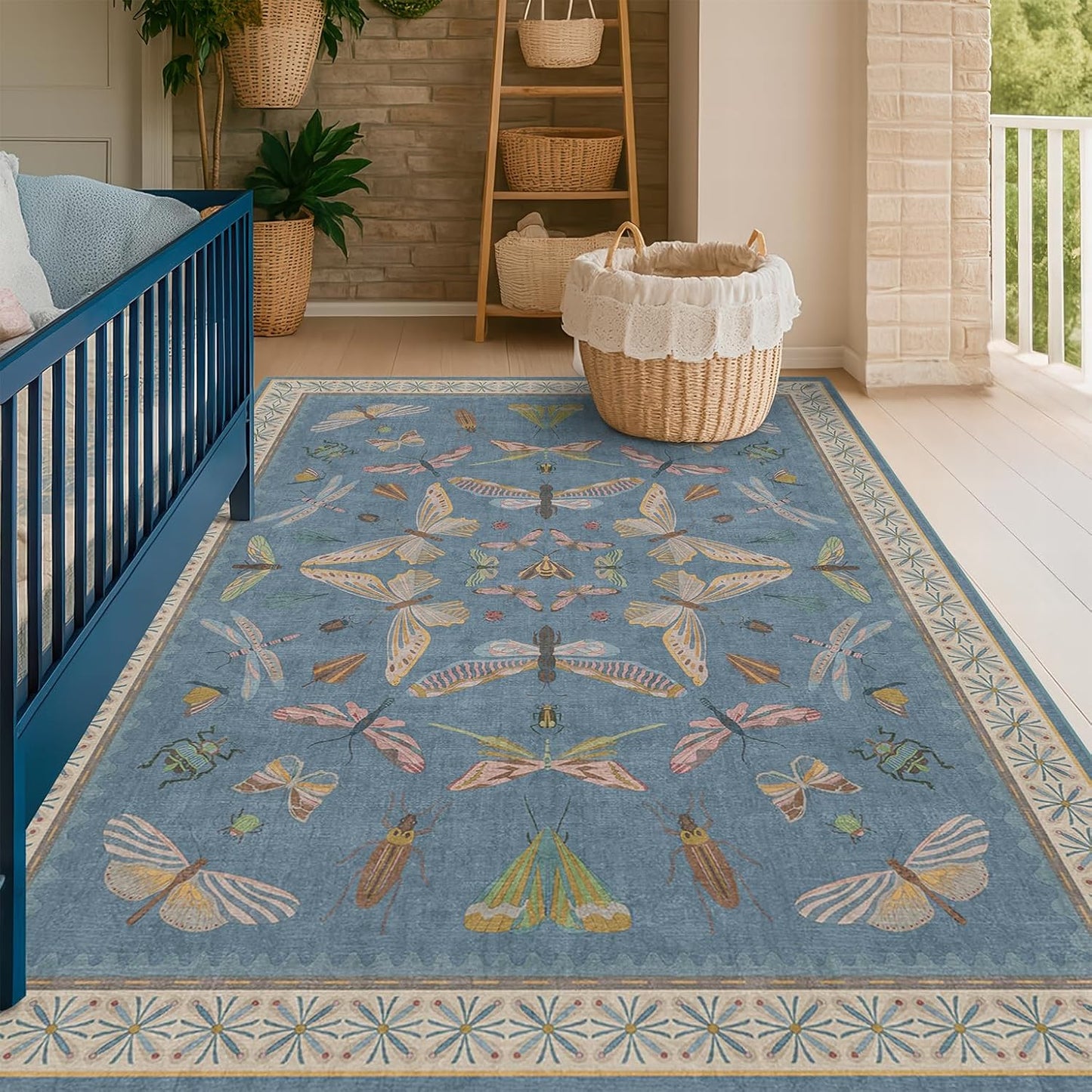 Skiennix Blue Washable Kids Playroom Rug - Super Soft 5x7 Area Rug for Nursery & Toddler Room Decor