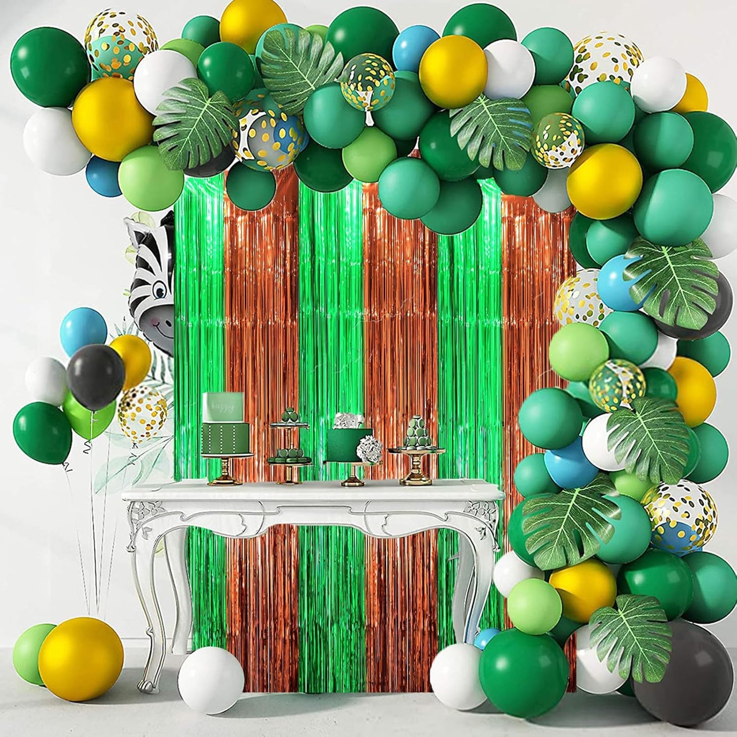 Voircoloria Foil Fringe Backdrop Curtains - 3 Pack of 3.3 x 8.2 ft Green & Brown Tinsel Streamers for Parties